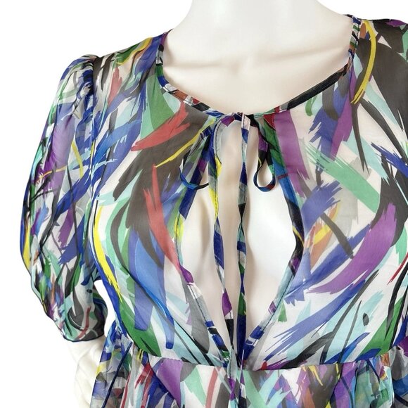 GuyBaxter Abstract Print Plunge Sheer Unlined Art Wear Dress Multicolor Size 6 - Picture 3 of 10